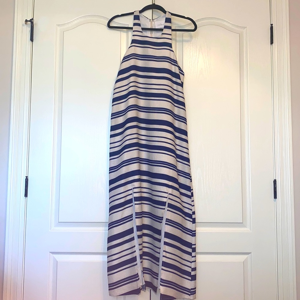 The Coverii Navy Blue Stripe Front Slit Dress